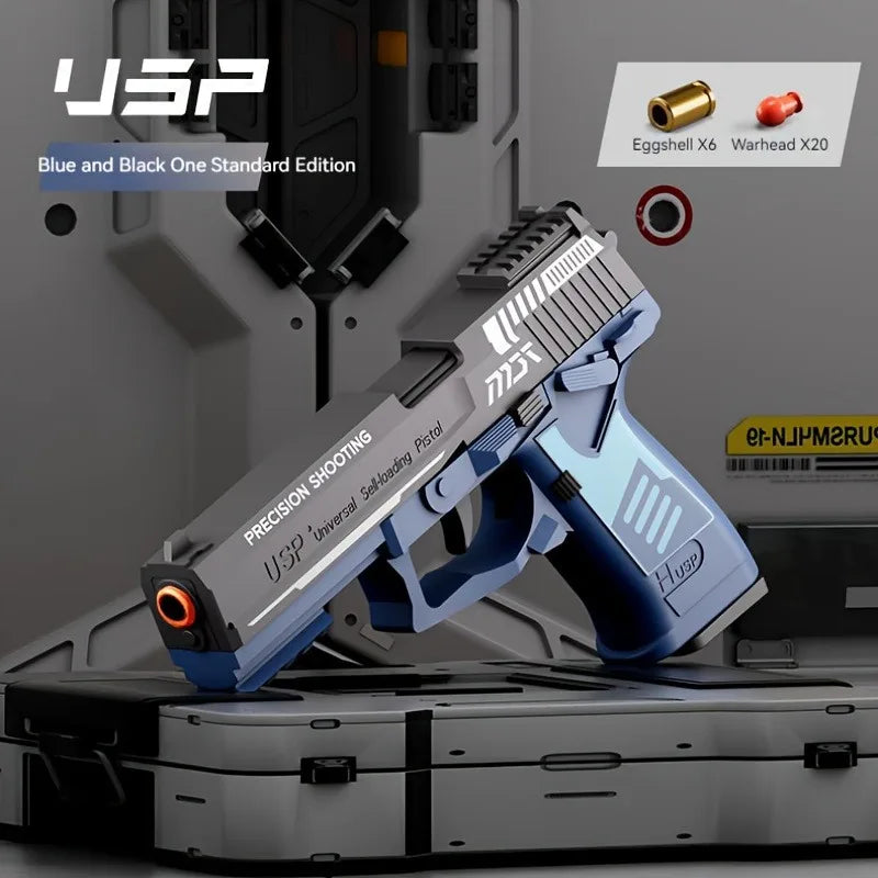 USP shell ejecting toy blaster in blue and black standard edition with foam dart accessories Toylvia