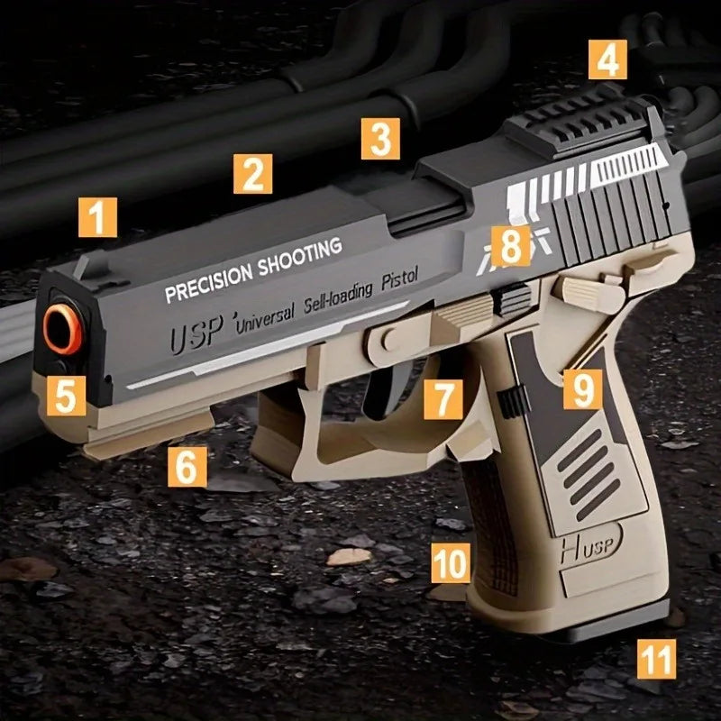 USP shell ejecting toy blaster with numbered feature highlights and labeled parts Toylvia