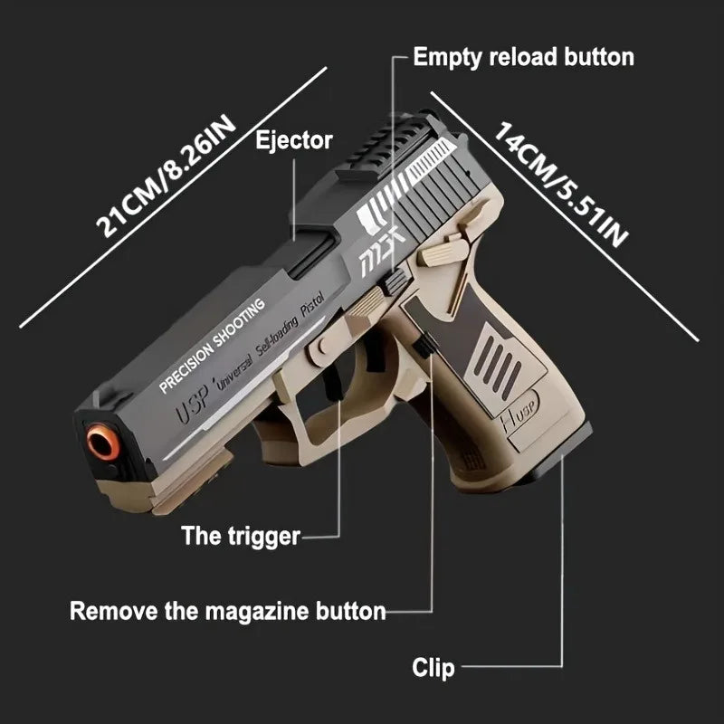 USP toy blaster size dimensions and control parts diagram showing measurements Toylvia