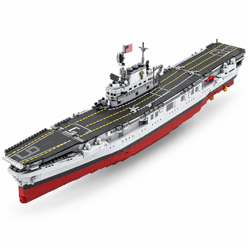 USS CV-6 Enterprise brick-built aircraft carrier, elevated three-quarter deck view on white studio background