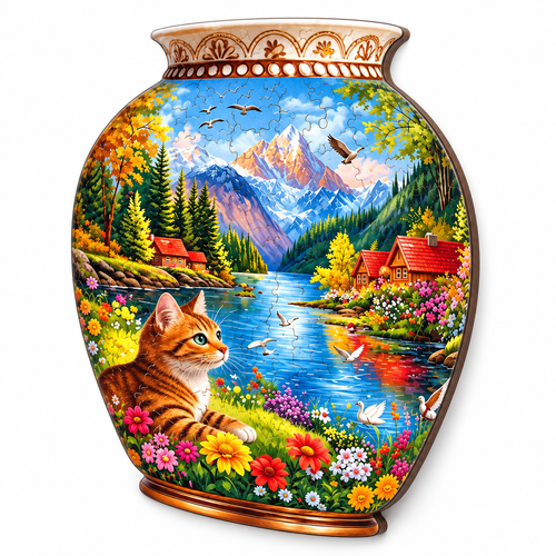 Unique Vase Shaped Wooden Jigsaw Puzzle Fantasy Landscape Art - alternate view