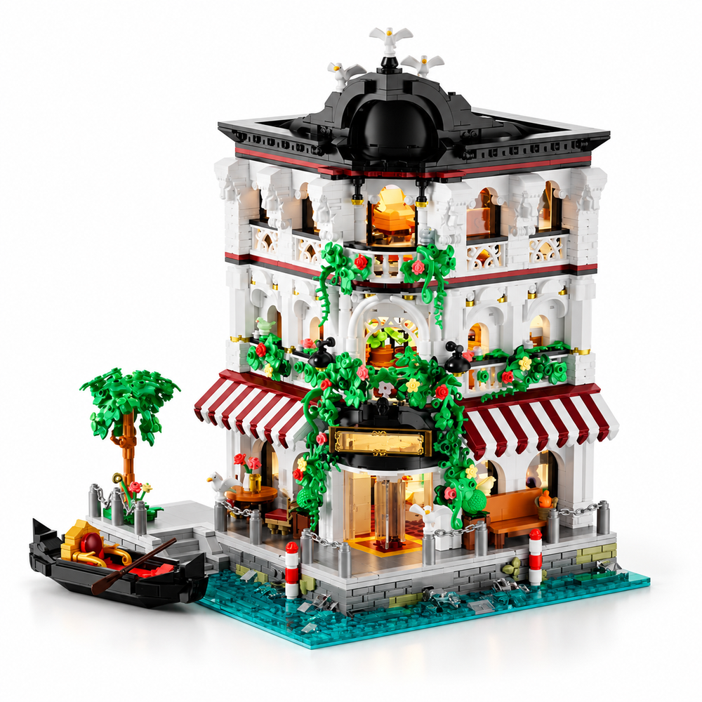 Venice Riverside Perfume Shop building-block set assembled, front three-quarter hero with gondola and canal base