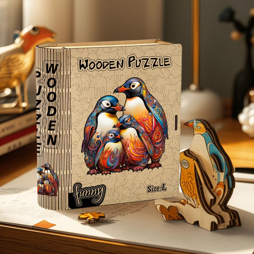 Wooden puzzle packaging with penguin design on a table
