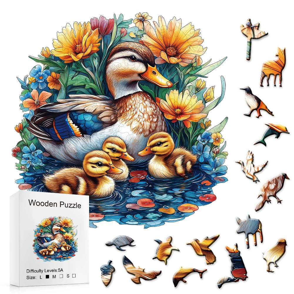 Wooden puzzle with ducks and flowers, including pieces and packaging on a white background