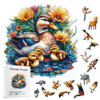 Wooden puzzle with ducks and flowers, including pieces and packaging on a white background