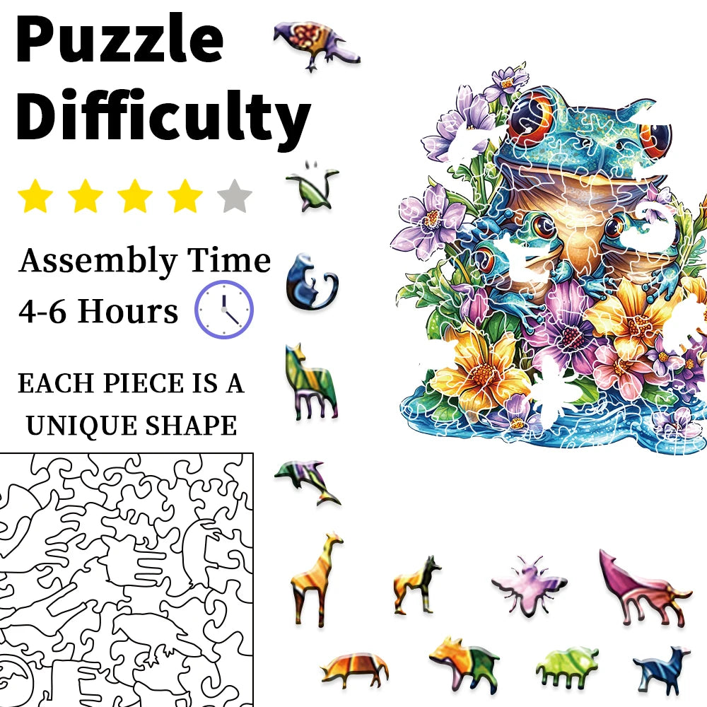 Jigsaw puzzle packaging with a colorful cat and flower design, assembly time, and piece uniqueness details.