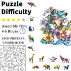 Jigsaw puzzle packaging with a colorful cat and flower design, assembly time, and piece uniqueness details.