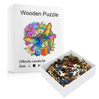 Wooden puzzle with colorful dragonfly design on packaging
