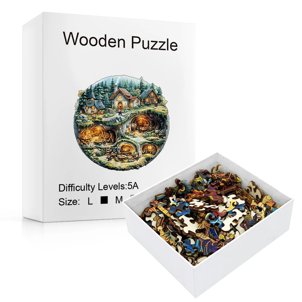 Wooden puzzle with pieces and packaging on a white background