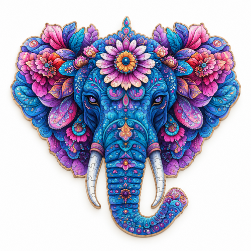 Vibrant floral elephant wooden puzzle with unique-shaped pieces
