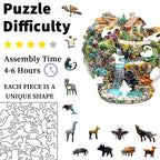 Jigsaw puzzle with animals and scenery, showing piece difficulty and assembly time.