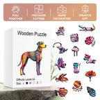 Wooden puzzle packaging with colorful animal pieces and text on a white background