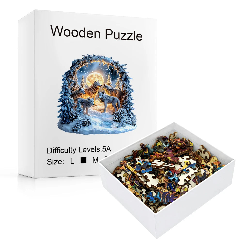 Wooden puzzle set with box featuring winter scene and puzzle pieces.