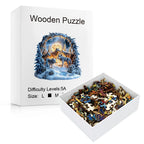 Wooden puzzle set with box featuring winter scene and puzzle pieces.