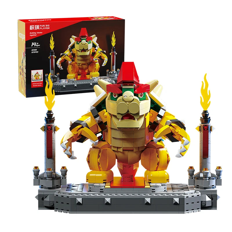 Toy figure of a character with flames and a box in the background