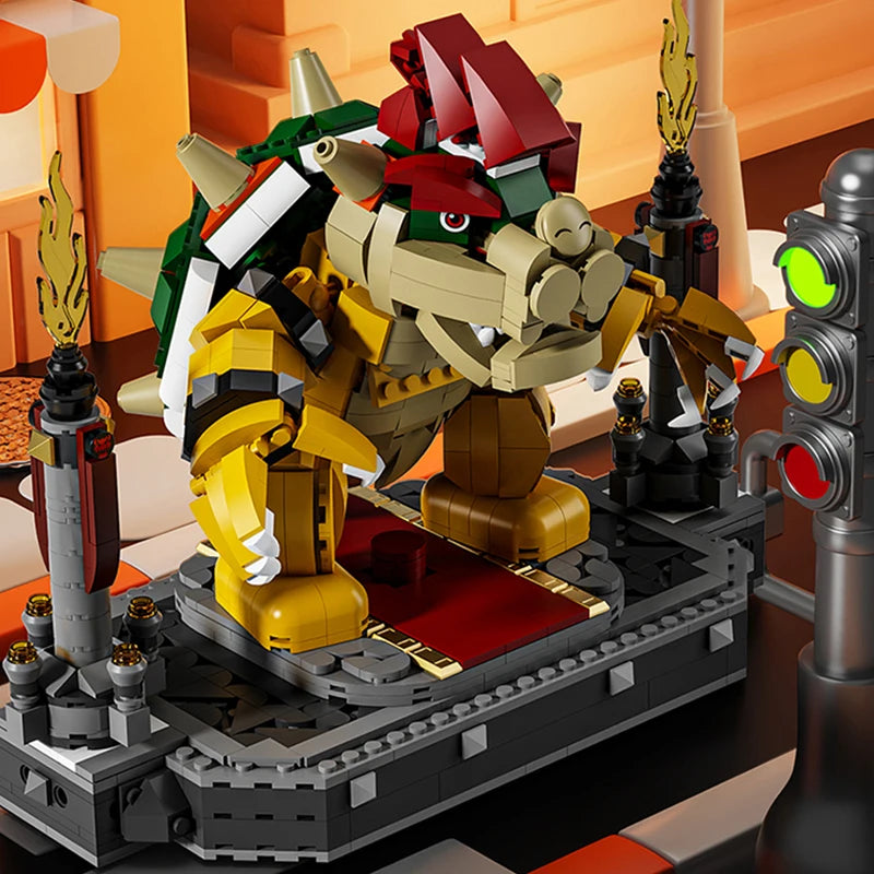 Toy figure of a character with a red hat and yellow body on a platform, surrounded by other elements.