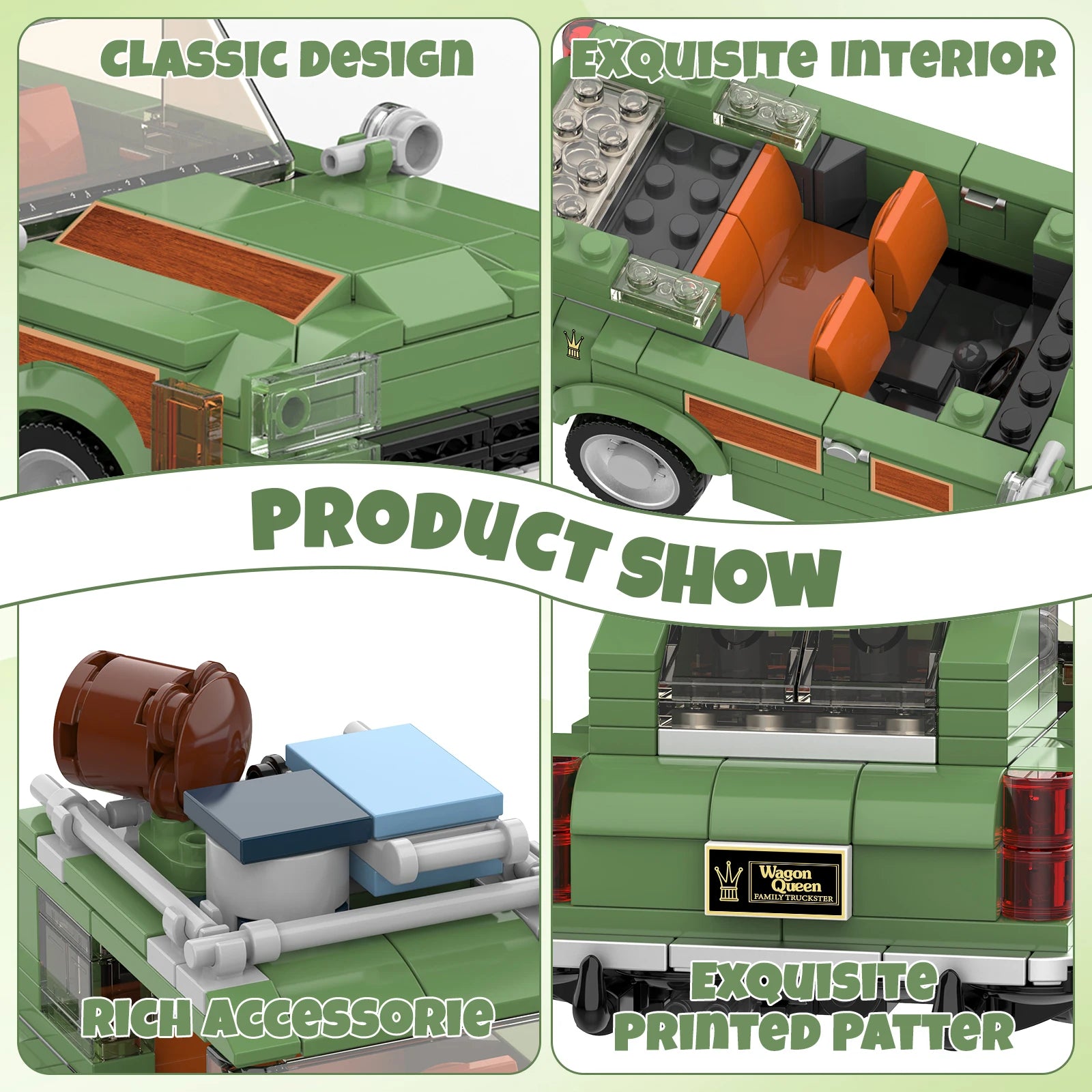 Collage of a green toy car model with text highlighting features like classic design, exquisite interior, rich accessories, and exquisite printed pattern.