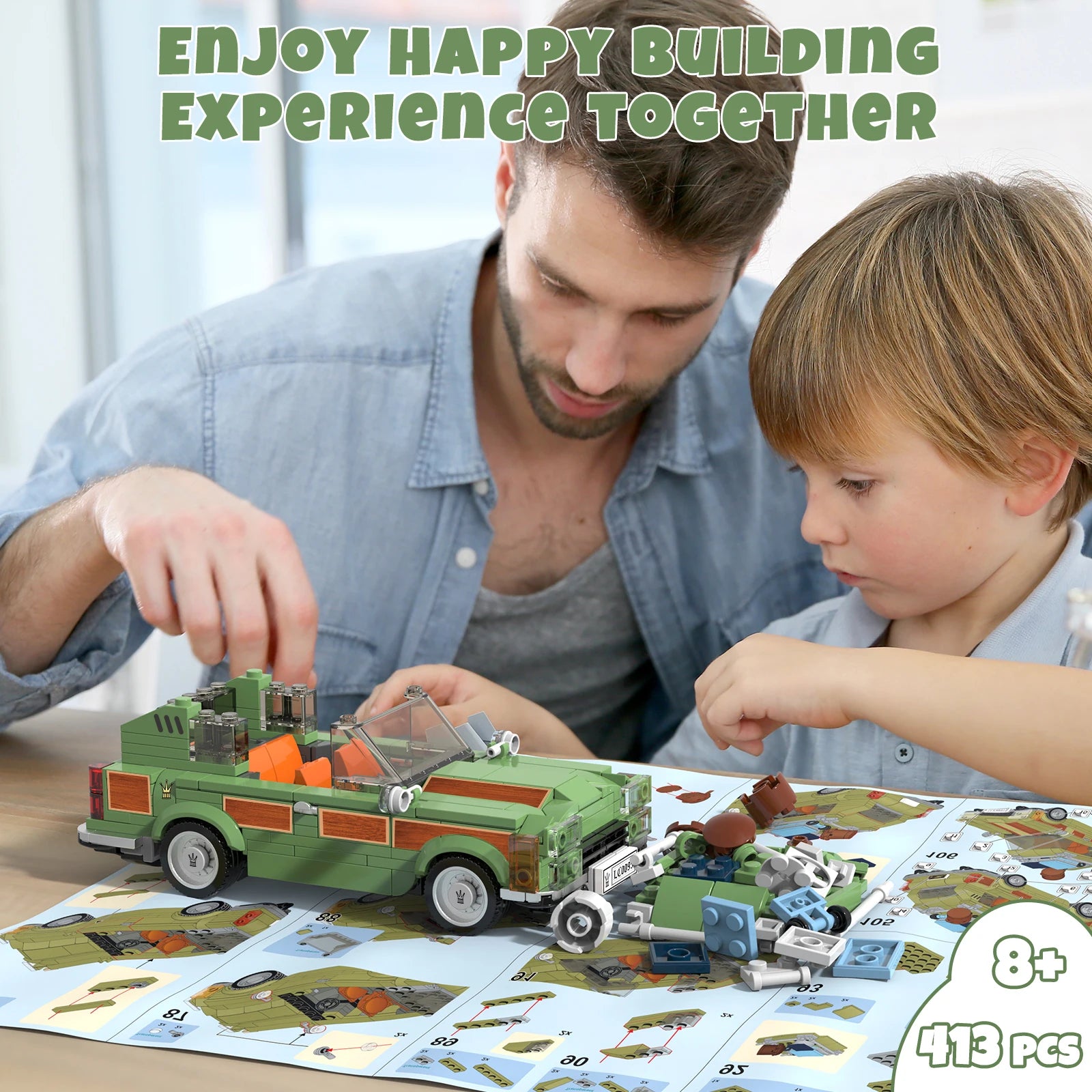 Man and child building a toy car together with text 'Enjoy happy building experience together'.