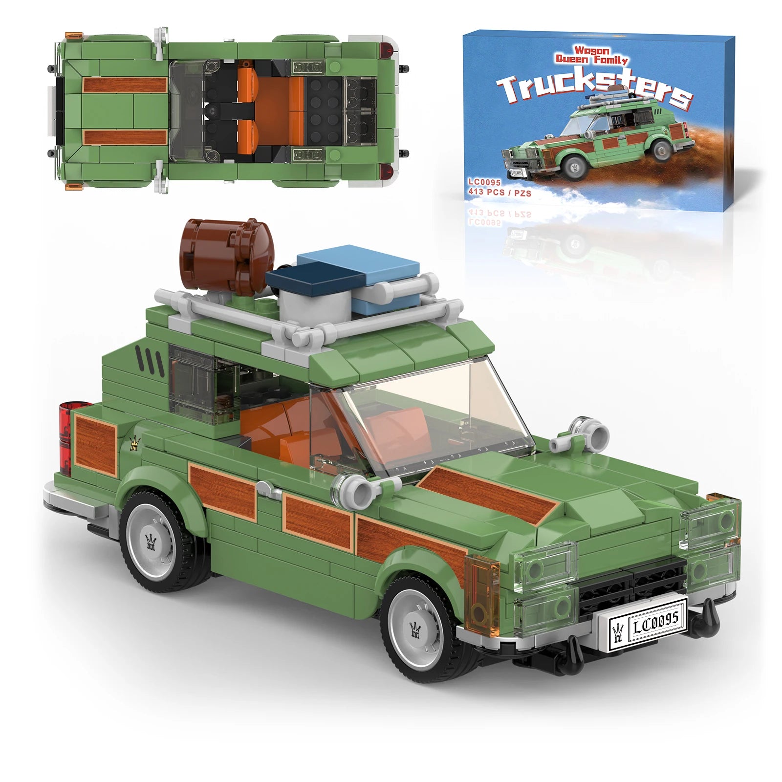 Complete Wagon Queen Truckster 413 piece family vacation building blocks set displayed in green and brown colors, featuring iconic camper wagon design with detailed roof rack luggage and fun camping features
 Main image