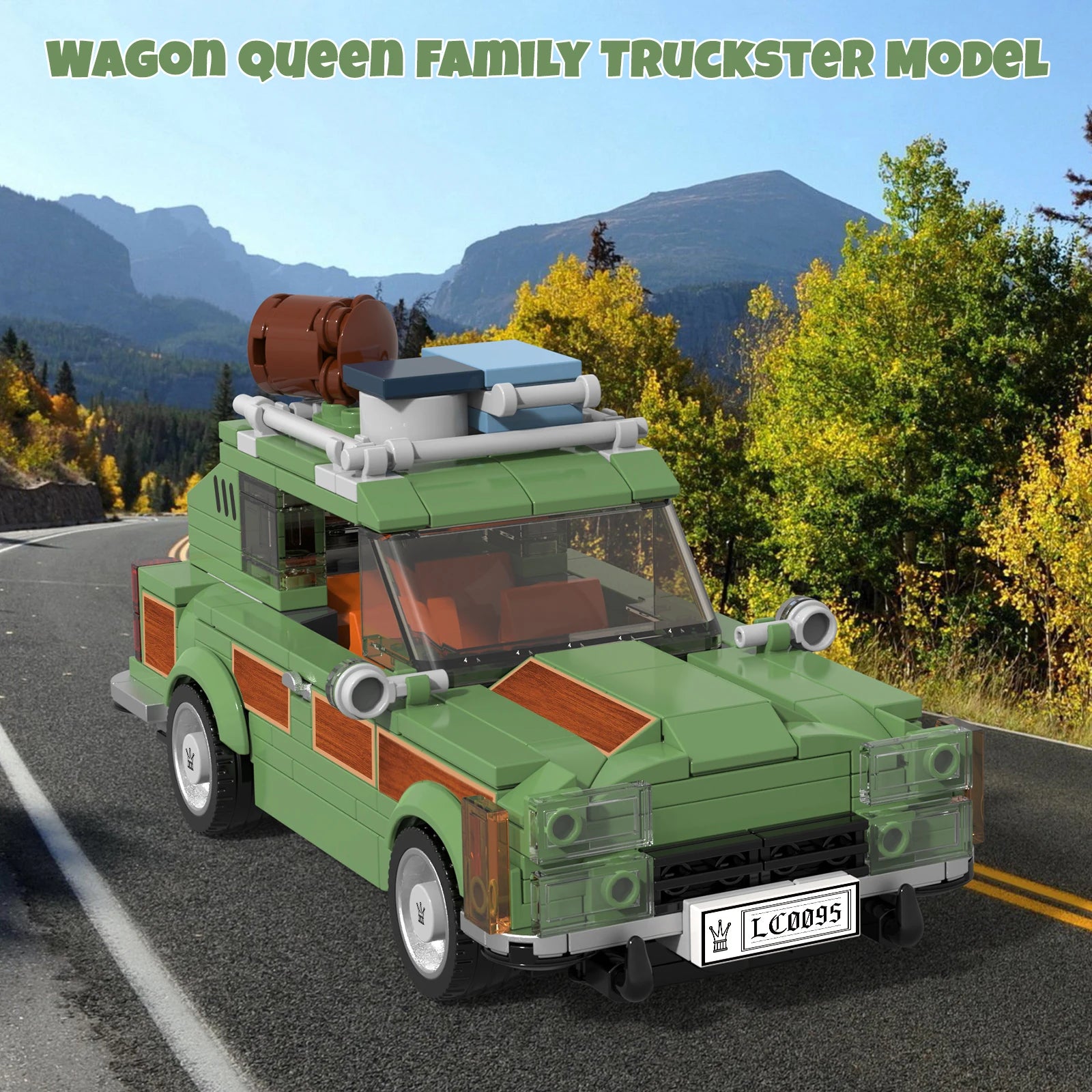 Toy truck model on a road with mountains and trees in the background