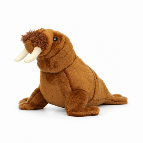 Left-facing walrus plush toy on white background