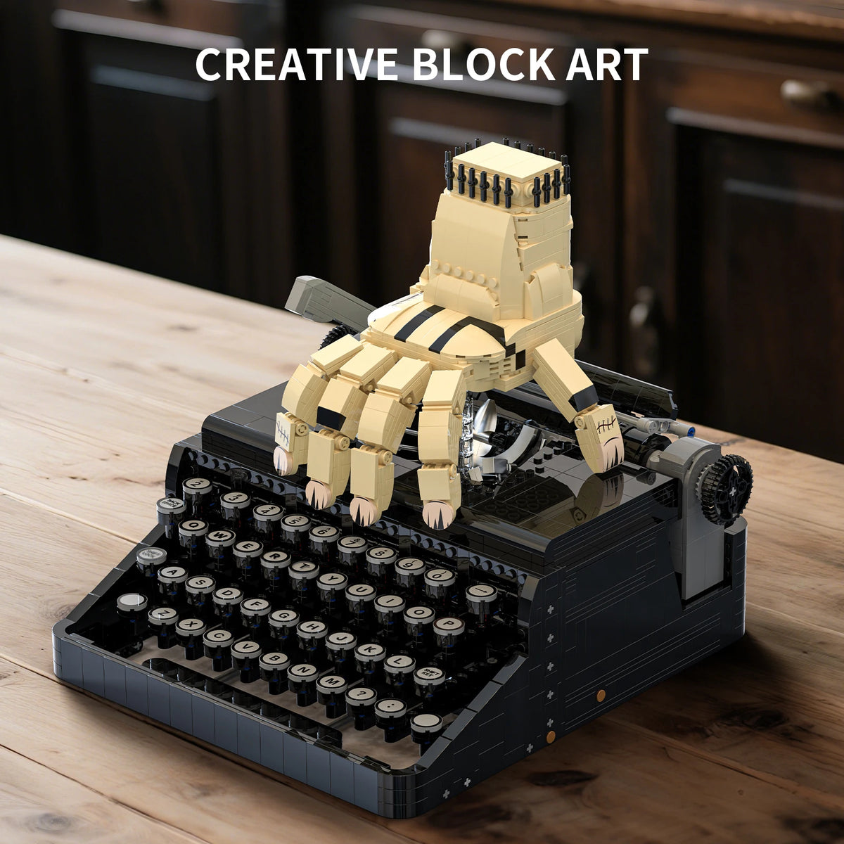 Wednesday Typewriter building blocks set displayed as creative block art with robotic hand on a wooden desk