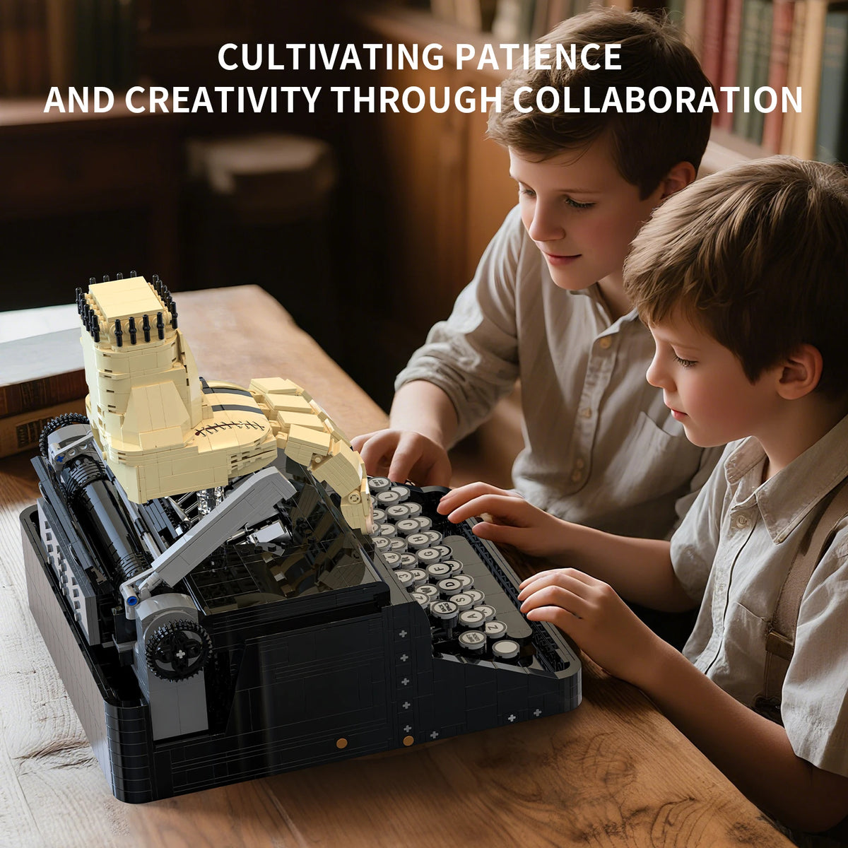 Two children building a Wednesday Typewriter building blocks set together on a wooden table, showing collaborative and creative play