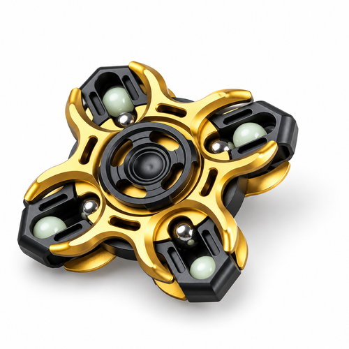 Gold and black aluminium fidget spinner with glow balls, three-quarter view on white