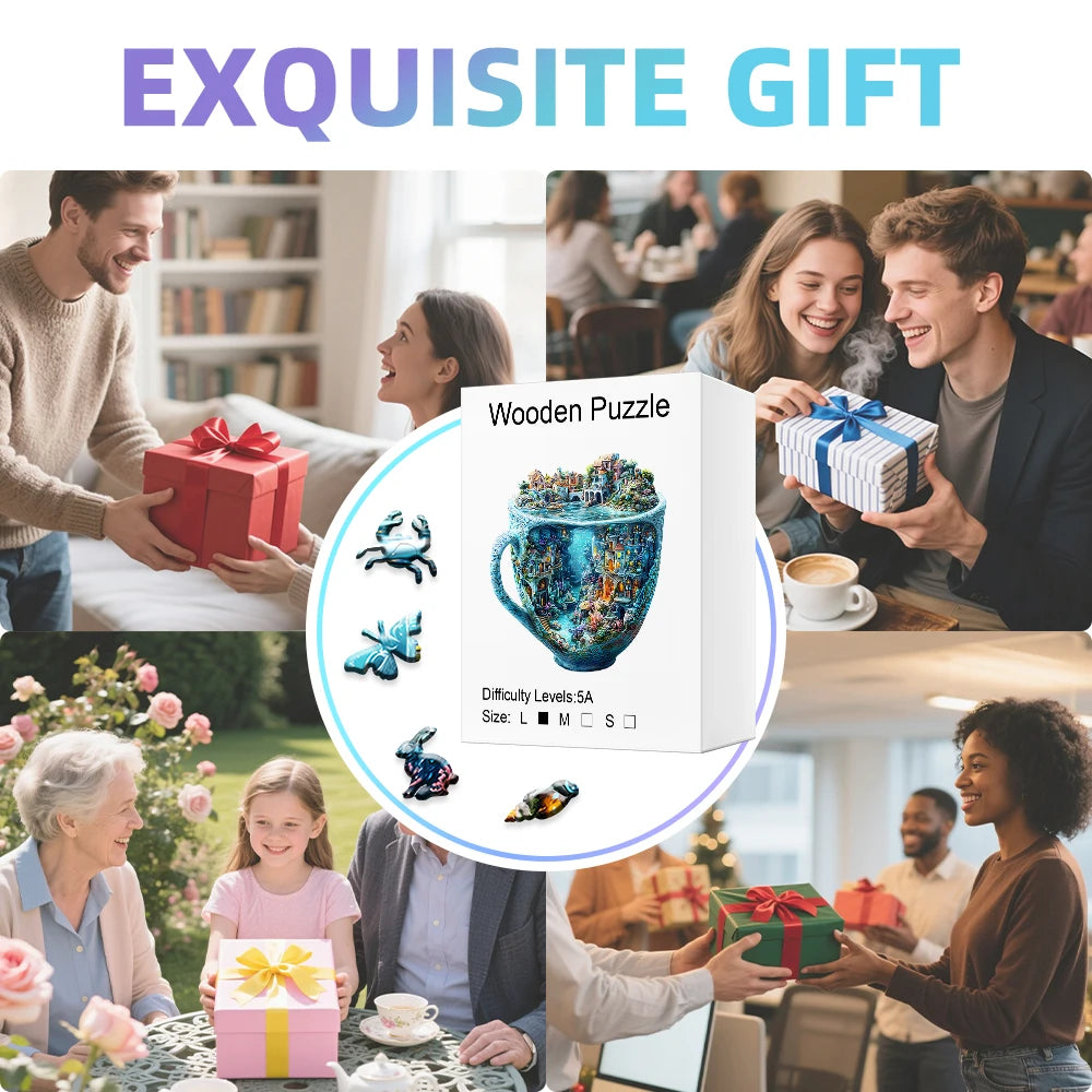 Collage of people exchanging gifts with a focus on a wooden puzzle box labeled 'Exquisite Gift'.