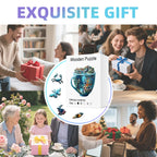 Collage of people exchanging gifts with a focus on a wooden puzzle box labeled 'Exquisite Gift'.