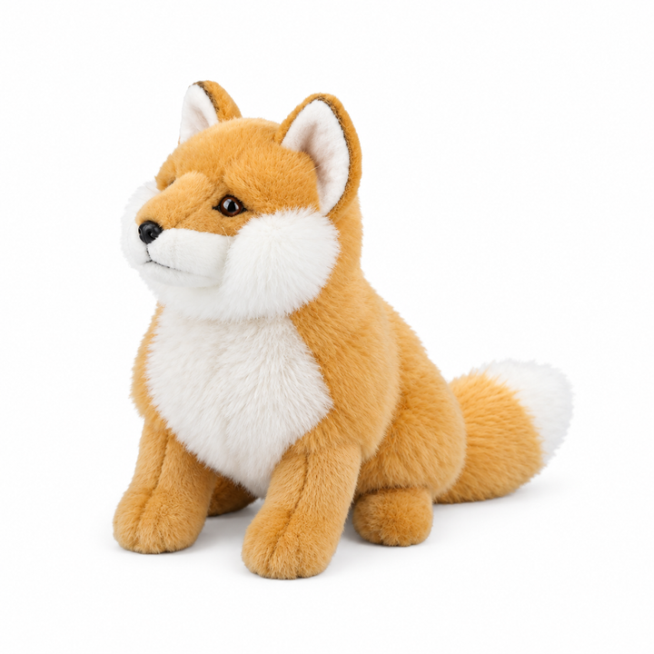 Orange and white fox plush toy, 45 degree left-facing view on white background