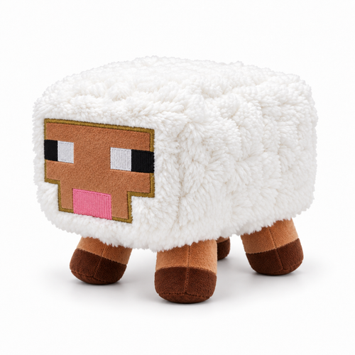 White sheep plush toy, 45-degree left-facing studio image