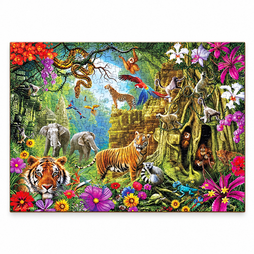 Completed Wild Animal Kingdom wooden jigsaw puzzle showing colorful jungle wildlife on a white background