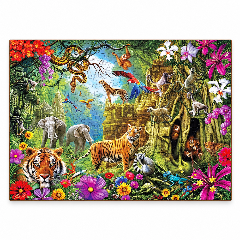 Completed Wild Animal Kingdom wooden jigsaw puzzle showing colorful jungle wildlife on a white background