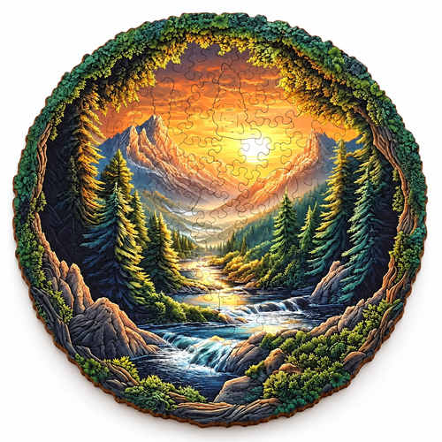 Round Wilderness Waters wooden jigsaw puzzle on a clean white studio surface