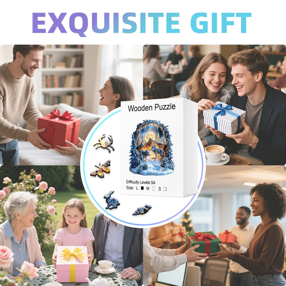 Collage of people exchanging gifts with a focus on a wooden puzzle box.