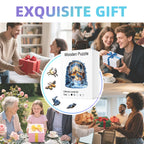 Collage of people exchanging gifts with a focus on a wooden puzzle box.