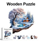 Winter Treehouse Wooden Jigsaw Puzzle Unique Animal Shaped Pieces Snowy Forest Art