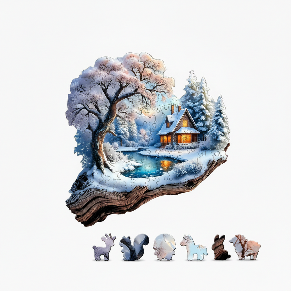 Winter Treehouse Wooden Jigsaw Puzzle Unique Animal Shaped Pieces Snowy Forest Art