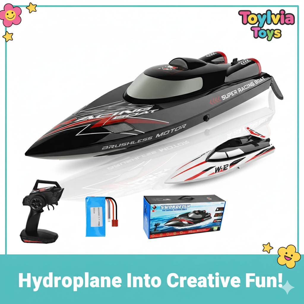 WL916 RC boat speeding through the water at 55KM/H with a realistic water wake. Main image