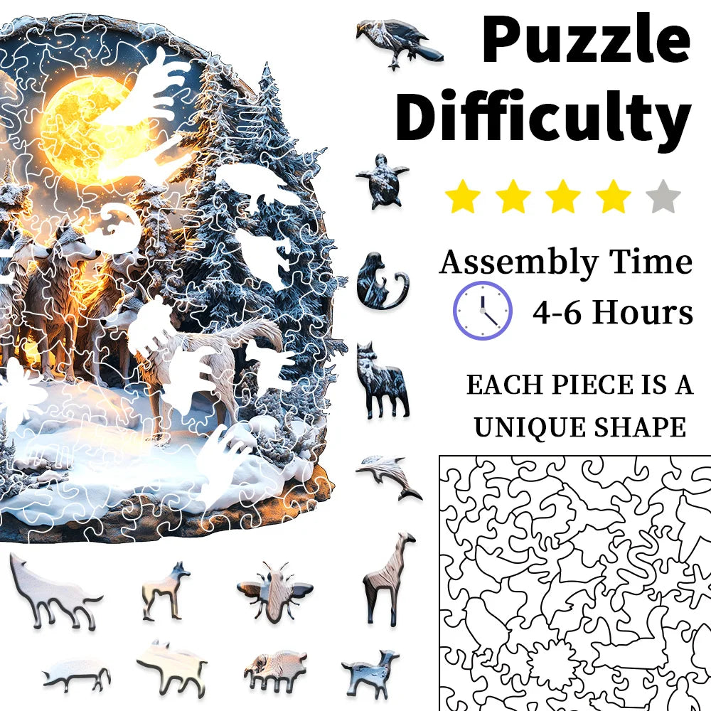Enchanted wolf forest wooden jigsaw puzzle showing difficulty level and 4 to 6 hour assembly time