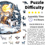 Enchanted wolf forest wooden jigsaw puzzle showing difficulty level and 4 to 6 hour assembly time