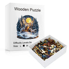 Wooden wolf forest jigsaw puzzle with box and open tray showing colorful animal-shaped pieces