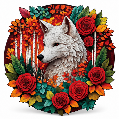 Completed wolf in bloom wooden jigsaw puzzle, full colorful wolf and botanical silhouette on white with soft shadow