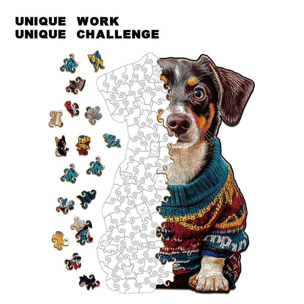 Half-assembled wooden dachshund dog puzzle with whimsy pieces displayed around it – Toylvia™