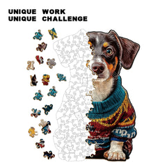 Half-assembled wooden dachshund dog puzzle with whimsy pieces displayed around it – Toylvia™