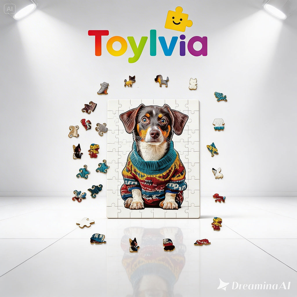 Toylvia dog jigsaw puzzle surrounded by scattered wooden pieces in a studio setting.