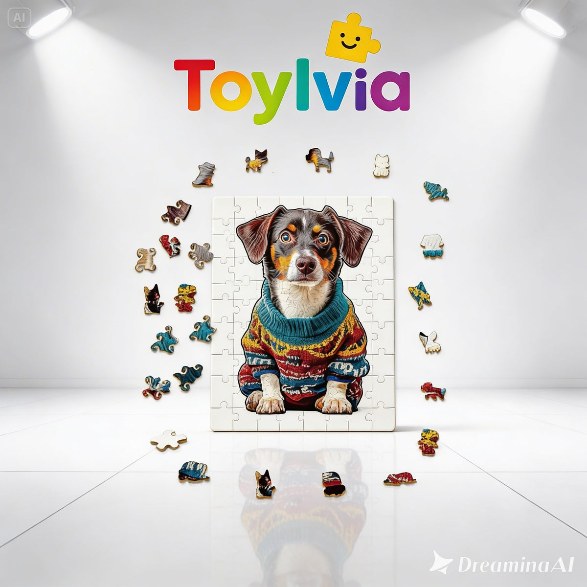 Toylvia dog jigsaw puzzle surrounded by scattered wooden pieces in a studio setting.