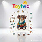 Toylvia dog jigsaw puzzle surrounded by scattered wooden pieces in a studio setting.