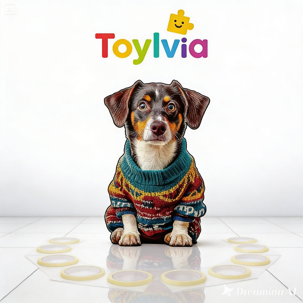 Completed wooden jigsaw puzzle of a dog wearing a colorful sweater by Toylvia.